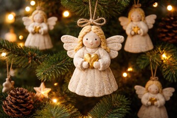 Naklejka premium Christmas pine tree showcasing homemade salt dough angel decorations
