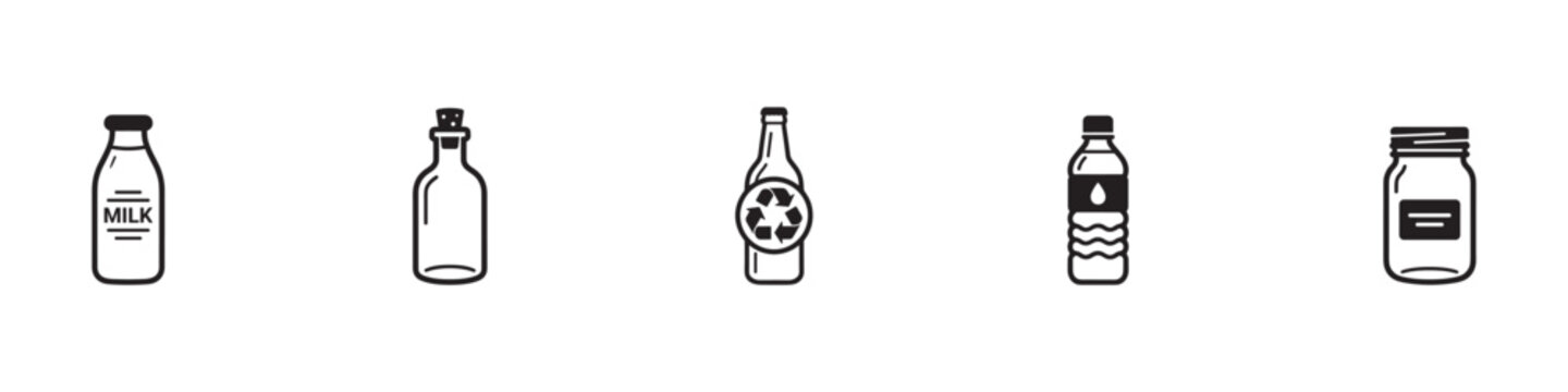 Glass and Plastic Bottle and Jar Icon Set. Recycling, Food Storage and Liquid Container Symbols. Vector Illustration.