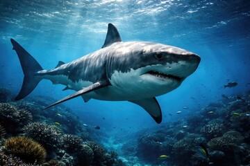 Fototapeta premium Majestic great white shark cruising through marine habitat