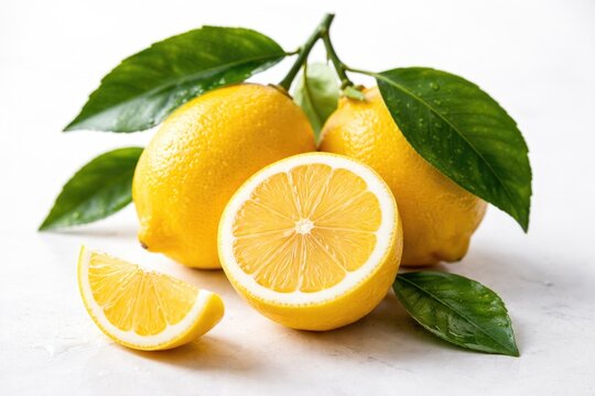Sliced Meyer lemon featuring leafy stems on clean white surface