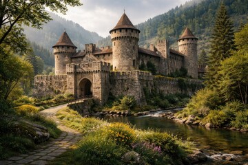 Naklejka premium Traditional fortress architecture surrounded by flourishing nature and greenery