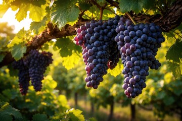 Obraz premium Vibrant grape clusters growing on woody vine amid vineyard foliage