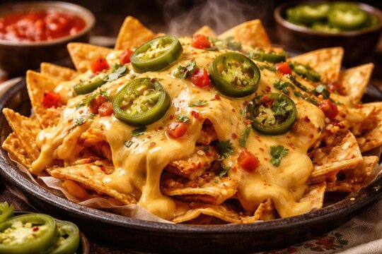 Hot nachos smothered in creamy cheese sauce and jalapeno slices