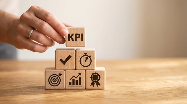 KPI blocks arranged on a wooden table, emphasizing key performance indicators. The hand is placing one of the block on top of the other
