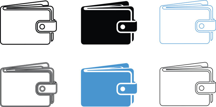 Set of six flat design wallet icons in different colors and styles on white background