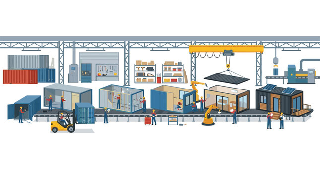 An automated industrial factory floor features a long assembly line with robotic arms and workers efficiently assembling modular container housing units in a spacious warehouse fac