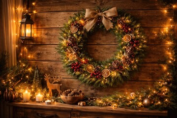 Naklejka premium Warm holiday ambiance featuring hygge style Christmas wreath and wooden wall lighting