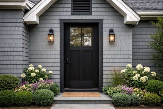 Contemporary black wood door with window panel set in gray shingle facade with flower beds, entry mat, and an attic vent detail