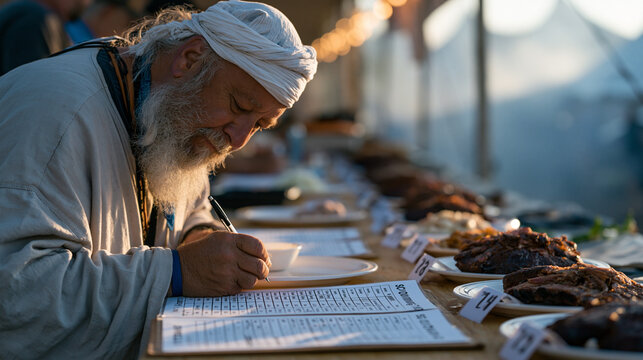 Championship barbecue judge writing tasting notes beside a row of numbered blind entry samples arranged on a judging table at an outdoor sanctioned cook-off, scoring criteria