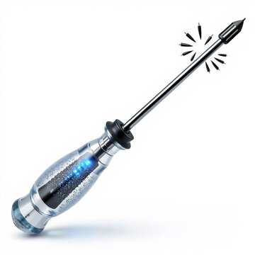 Futuristic electronic screwdriver featuring glowing core and interchangeable tool bits.