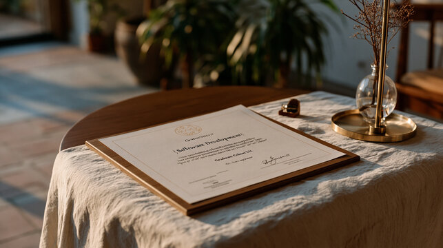 Minimal achievement certificate for software development bootcamp graduation featuring code syntax decorative element, stack specialization field, graduate cohort number, and
