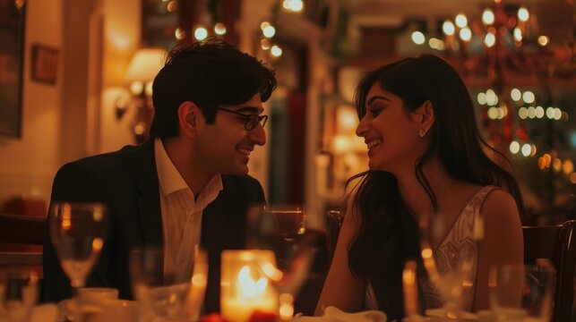 Elegant South Asian couple sharing a romantic candlelit dinner in a cozy restaurant. Warm ambient lighting, soft bokeh background, intimate date night concept, ideal for lifestyle campaigns.