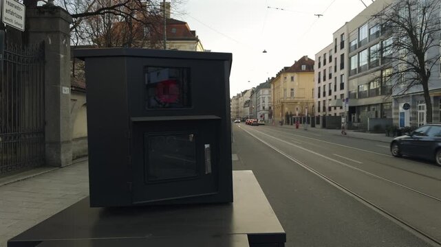 Roadside speed camera system in Munich, Germany. Automatic traffic control device capturing speeding vehicles and helping maintain safety and order in busy urban environment.