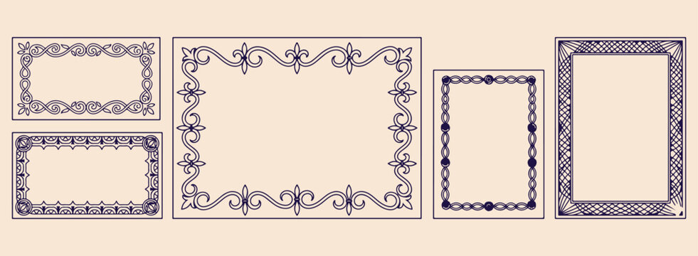 Ornate baroque borders, Vintage Victorian frame set, Elegant luxury edge graphics, Classic decorative scroll art, Royal style border doodles, Antique picture frame outlines, Detailed baroque design el