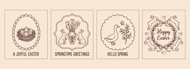 Springtime greetings goose illustration, Hello spring floral medallions, Cute farm animal doodles, Botanical flower basket graphics, Seasonal nature greeting icons, Cottagecore garden theme art, Hand  © Geetaroy