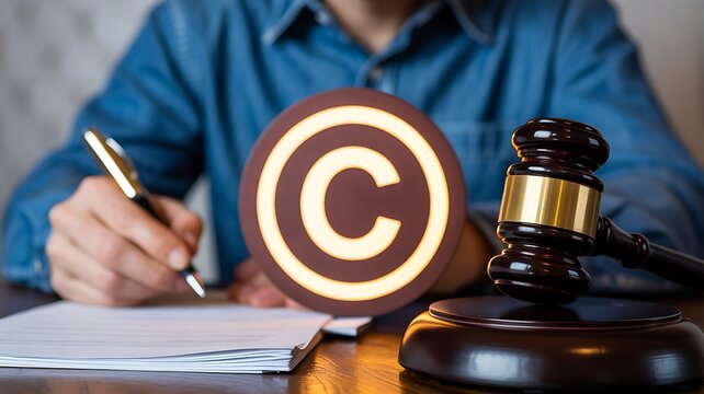 Copyright law concept with judge gavel and legal document background