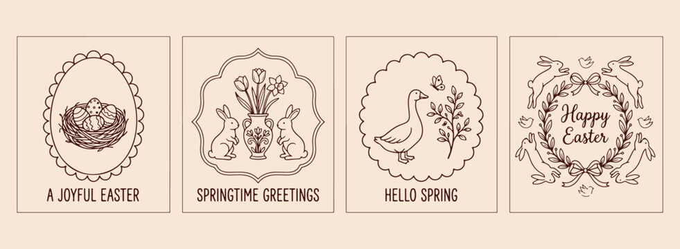 Springtime greetings goose illustration, Hello spring floral medallions, Cute farm animal doodles, Botanical flower basket graphics, Seasonal nature greeting icons, Cottagecore garden theme art, Hand 