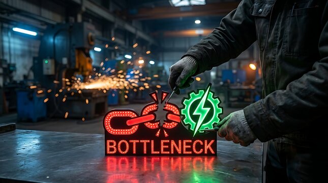 Industrial worker with glowing bottleneck checkpoint sign