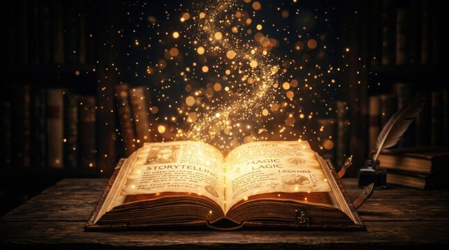 Magical Open Book with Glowing Golden Particles in a Dark Library