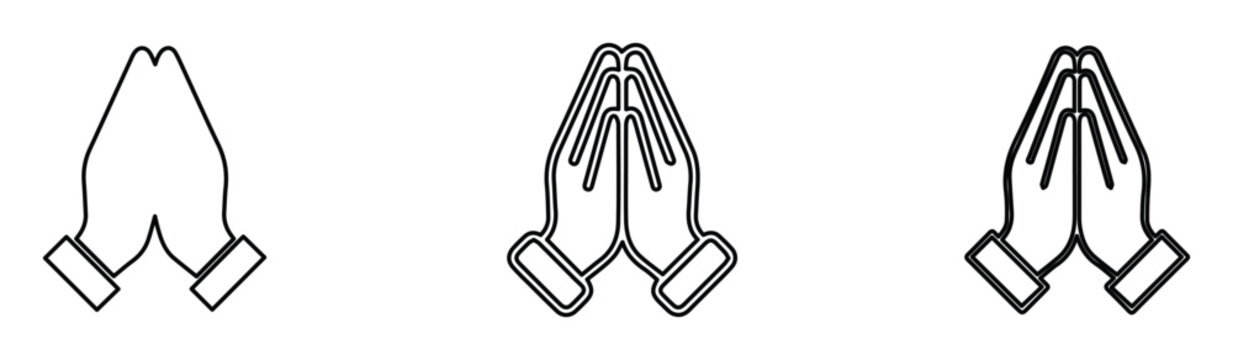Praying hands line icon set, 3 religious prayer gesture symbols, namaste and hope eps vector