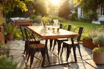 Obraz premium Cozy outdoor dining scene with wooden table and metal chairs on a sunny lawn patio