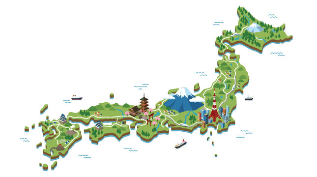 An isometric stylized map of Japan displays various green mountainous regions alongside iconic landmarks including Mount Fuji, pagodas, and tall city buildings on white background.