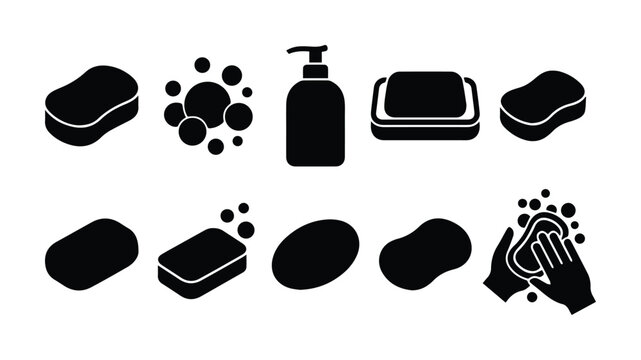 Soap and sponge icon set, black hygiene symbols, 10 cleaning and washing vector elements