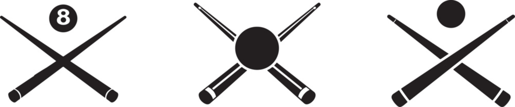 Billiard cues with ball vector icon, crossed pool sticks black silhouette sports illustration set.