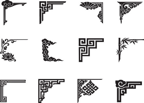 Asian corner vintage style illustration set with traditional Chinese ornaments on white background