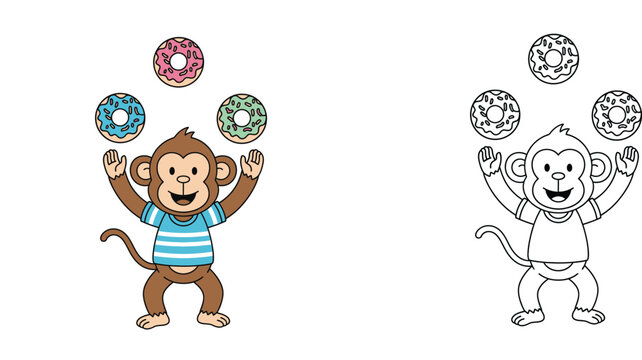 Coloring page for children with a cute monkey juggling delicious donuts, educational activity sheet featuring a colored illustration and a black and white line art version for kids.