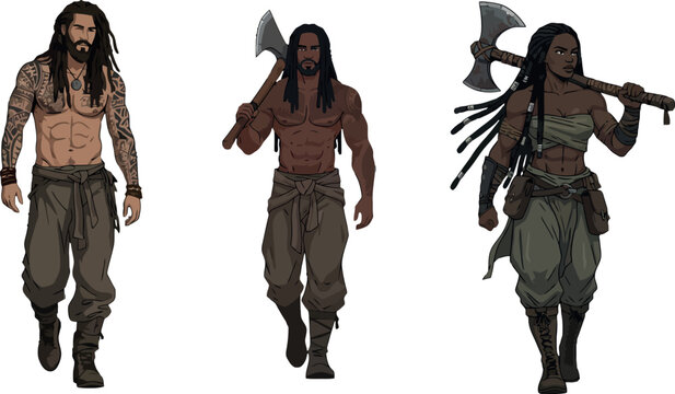 Vsai tribal fantasy characters with dreadlocks holding axes