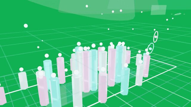 Particles starting pillar array topping spheres, camera orbiting, visualizing data, transparent