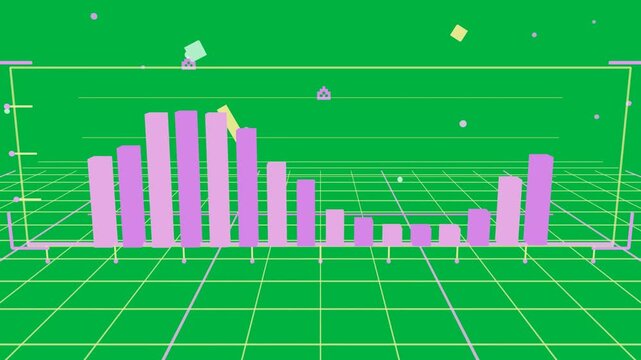 3D bar chart revealing data, camera pulling back rightward, block tilting on transparent background