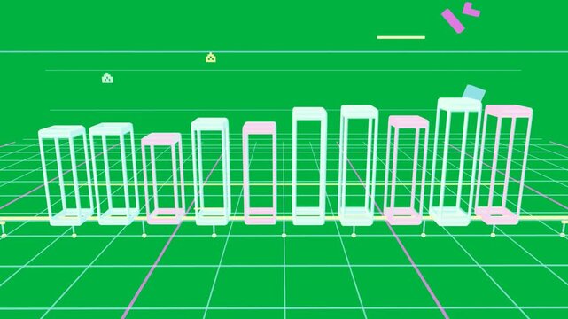 Magenta cube pulsing, pillars forming, HUD showing, camera panning as chart on transparent grid