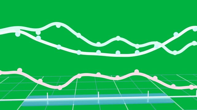 Dots appearing, neon 3D chart drawing three traces, showing dynamic data on transparent background