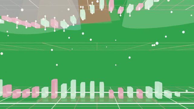 After pan, pastel blocks shifting on grid, rising falling, showing rhythmic data, transparent bg
