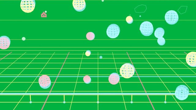 Cam moving forward upward causing spheres drifting, clustering to fill neon grid on transparent bg