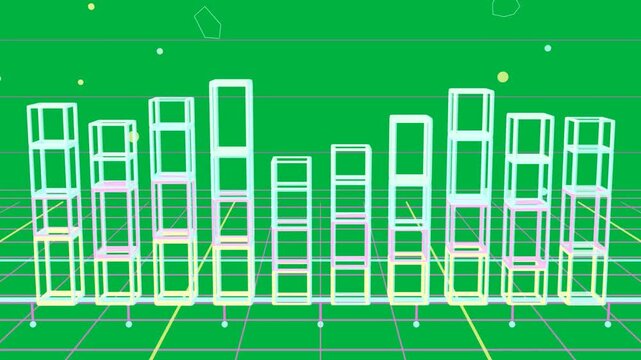 Camera dollying, hollow towers revealing heights on magenta grid, transparent background, charting
