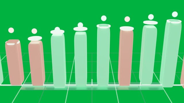 3D pill bars rising and pulsing on glowing baseline on data update, showing values, transparent