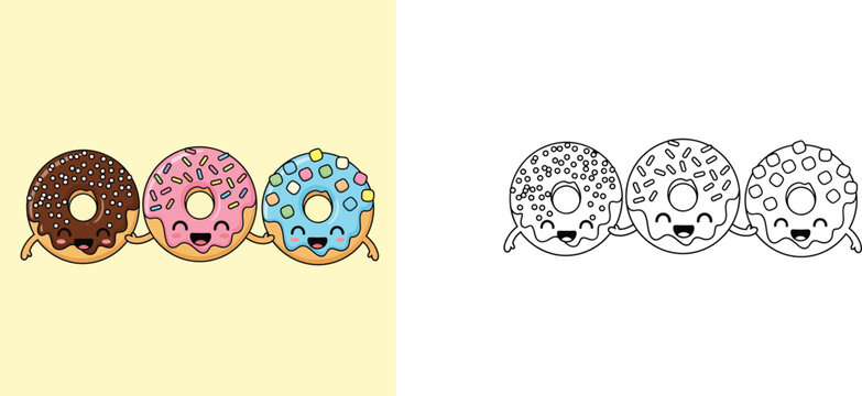 Coloring page for children with three cute happy donut characters holding hands, educational activity sheet featuring a colored illustration and a black and white line art version.