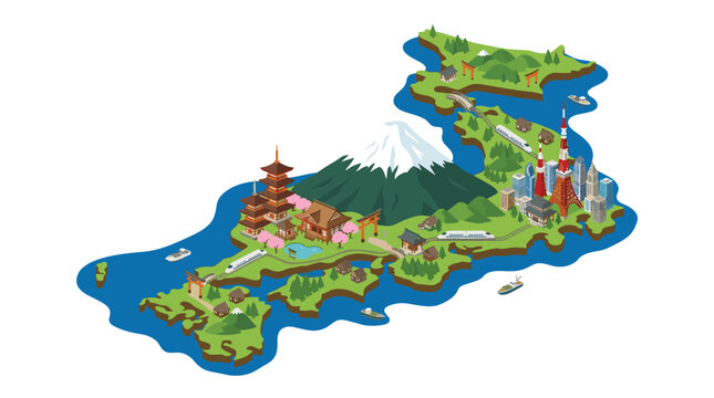 A stylized isometric 3D map of Japan features Mount Fuji prominent temples modern city skylines and high speed bullet trains surrounded by deep blue ocean water.