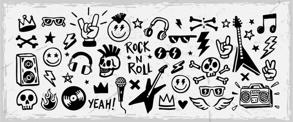 Rock and roll doodle vector set with guitars, skulls, headphones, and music icons. Hand-drawn punk illustrations perfect for stickers, posters, apparel, and band designs. © cddesign.co