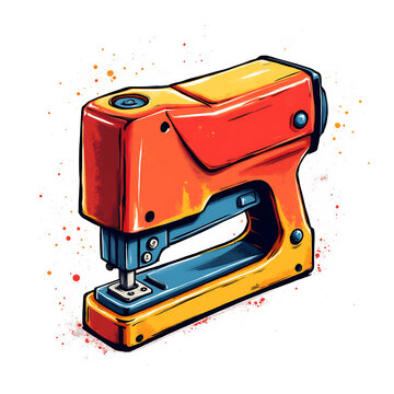 Vibrant orange and yellow staple gun tool illustration with artistic paint splatter effect.