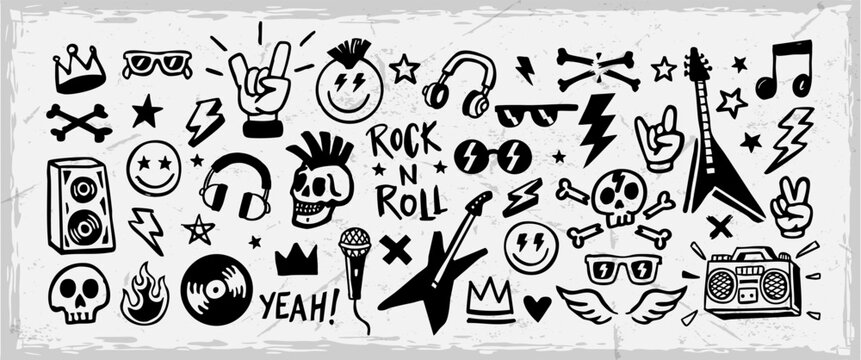 Rock and roll doodle vector set with guitars, skulls, headphones, and music icons. Hand-drawn punk illustrations perfect for stickers, posters, apparel, and band designs.