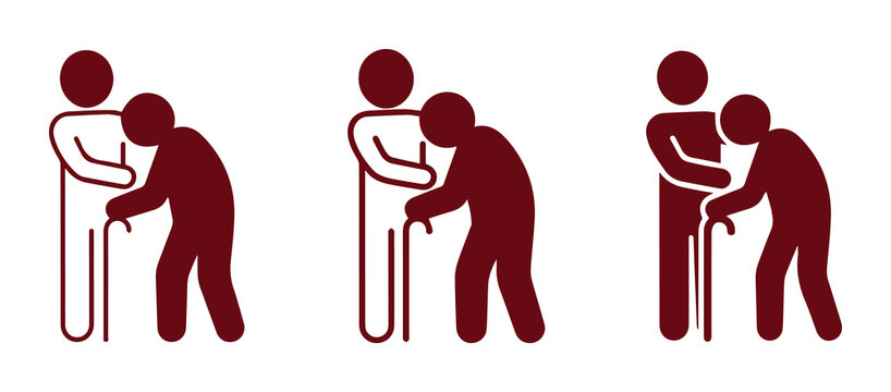 Elderly care assistance icons, caregiver helping senior person, nursing home support symbols