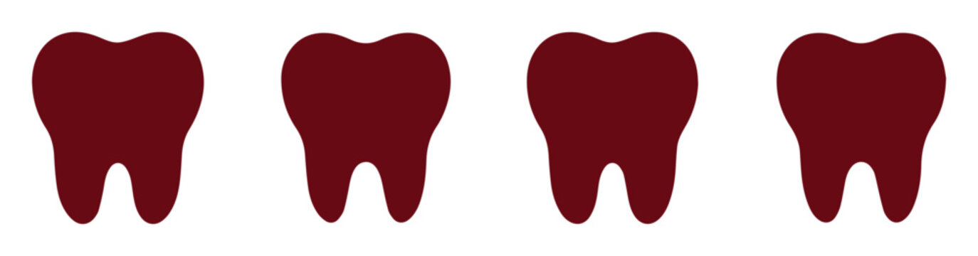 Minimalist tooth icon set, burgundy dental silhouettes, 4 molar tooth symbols in EPS format