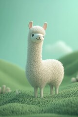 Naklejka premium This charming animated alpaca character stands on a lush green grass field, exuding cuteness and whimsy. Perfect for playful designs.