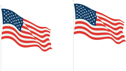 Fototapeta premium Waving United States of America flags, set of two isolated American flag illustrations on white background