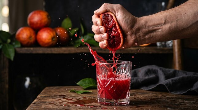 Hand squeezes a perfectly ripe ruby red blood orange with vibrant thick juice splashing dynamically into a crystal clear cut vintage glass.