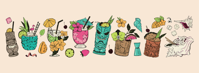 Tiki bar cocktails, Tropical drink illustrations, Exotic summer beverages, Hawaiian party icons, Tiki mask graphics, Summer holiday doodles, Beach bar menu art   © Geetaroy
